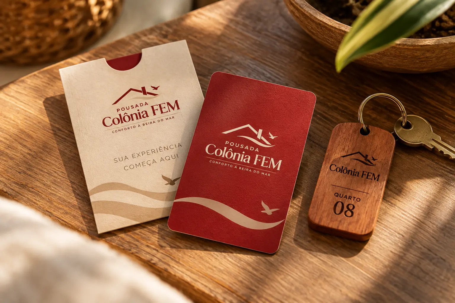 Cartão-chave e identificador de quarto com a marca Colônia FEM